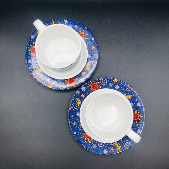90s SAKURA Stoneware Celestial Cup Saucer Set PAIR Vintage Astral Moon Star Sun - Picture 2 of 10